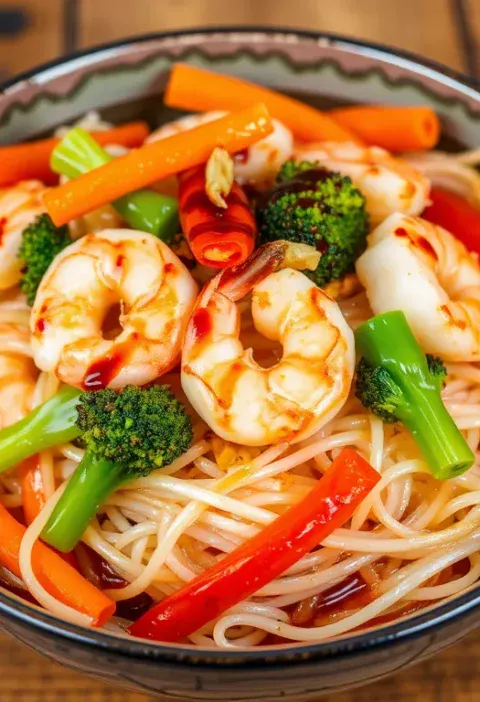 Рецепт рисової локшини з креветками та овочами