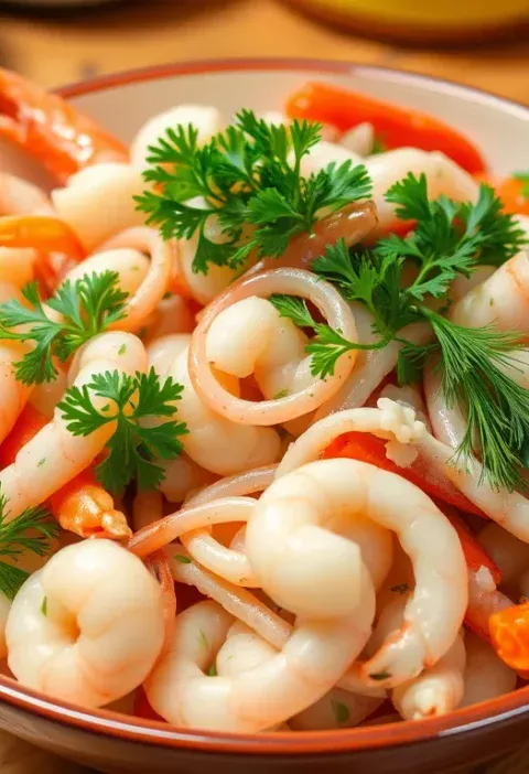 Салат із креветками, кальмарами й паличками