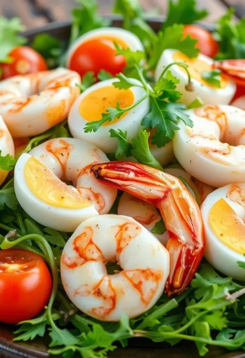 Салат із креветками та перепелиними яйцями
