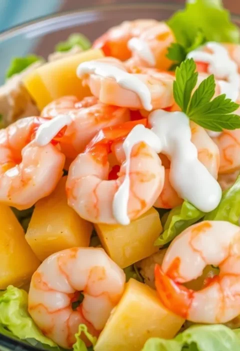 Шаруватий салат із креветками, ананасом і куркою